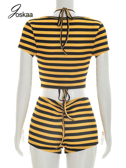 Women's Stripe Halter Short Sleeve Two Piece Set Black – Back View