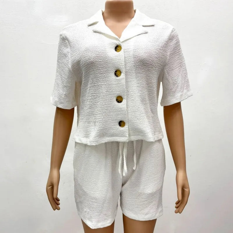 Women's Short Sleeve Concise Button Shirts Two Piece Set