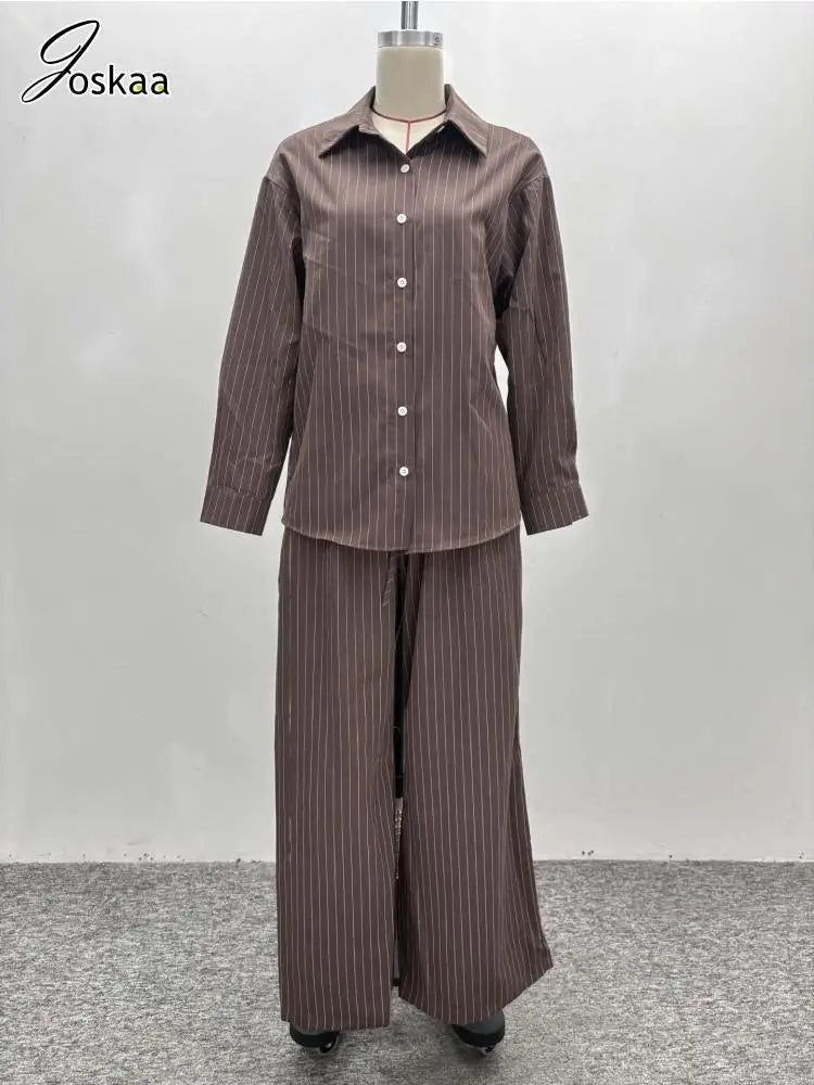 Women's Stripe Long Sleeve Flare Two Piece Set Coffee – Back View