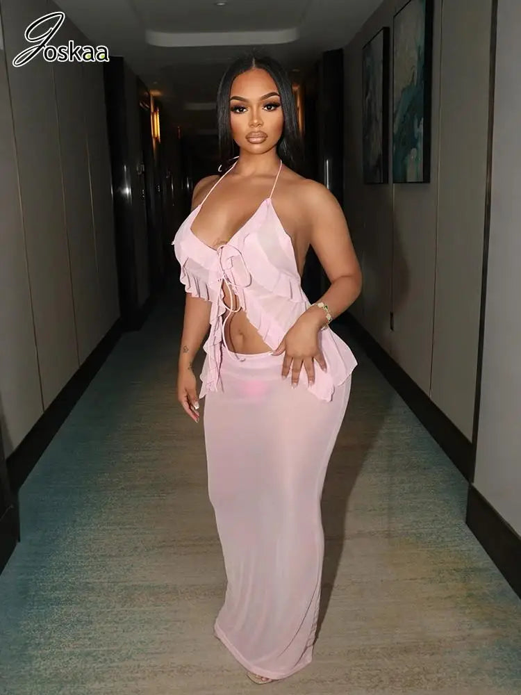 Women's Mesh Maxi Sheer Asymmetric Camisole Two Piece Set Pink – Front View