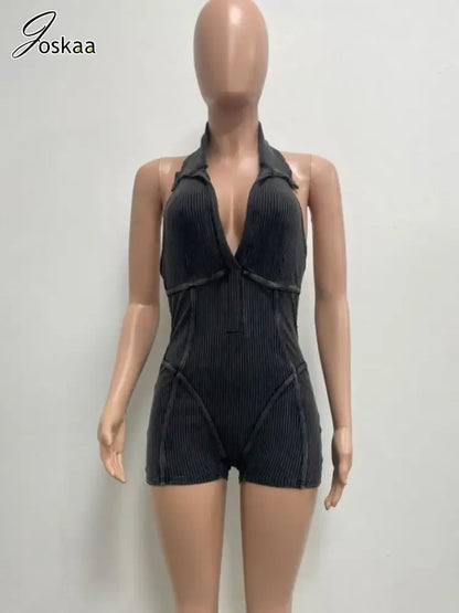 Women's Knit Backless Halter Bodycon Romper Khaki – Back View