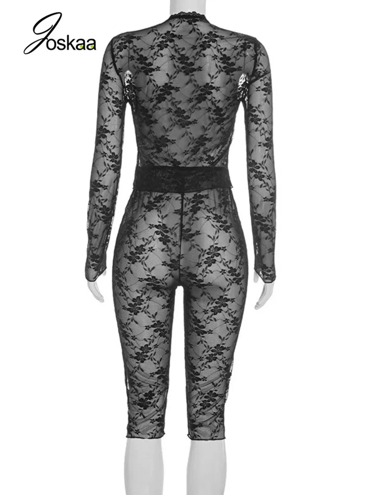 Women's Mesh Lace V-neck Long Sleeve Two Piece Set - Detail View