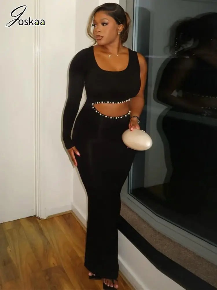 Women's Rhinestone Cutout Bodycon Maxi Dress Black – Front View
