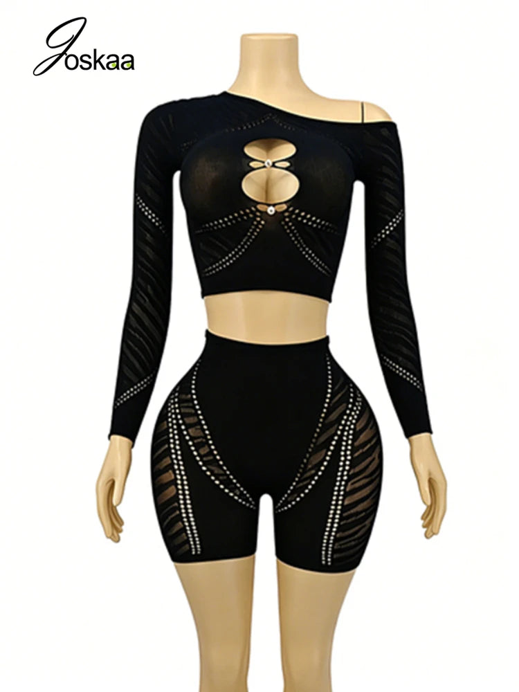 Women's Mesh Cutout Long Sleeve Two Piece Set Black – Detail View