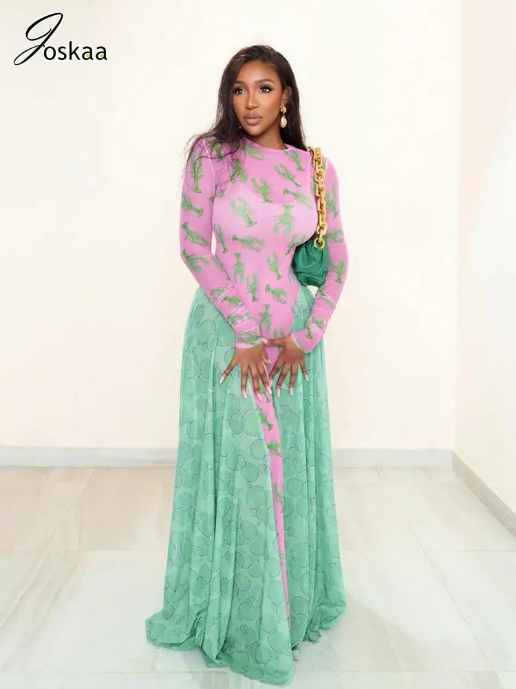 Women's Mesh Long Sleeve Fall Crayfish Maxi Dress Pink – Front View