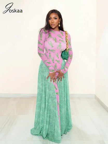 Women's Mesh Long Sleeve Fall Crayfish Maxi Dress Pink – Front View