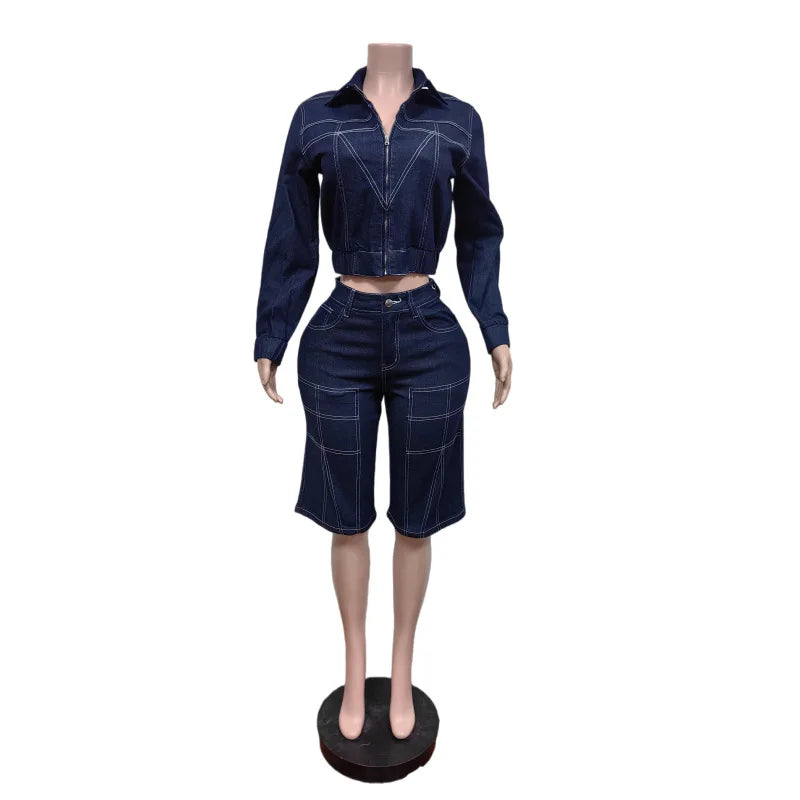 Women's Denim Print Zip Up Long Sleeve Two Piece Set - Additional View 7