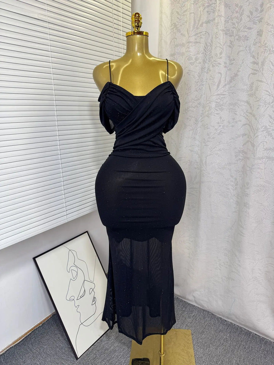 Women's Mesh Sequin Ruched Sleeveless Maxi Dress - Detail View 9