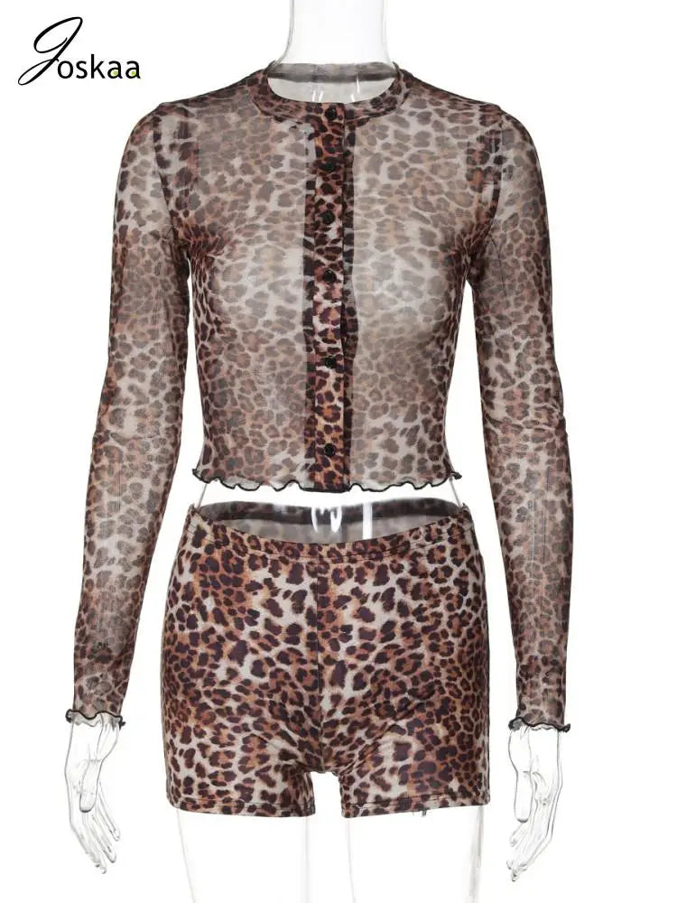 Women's Leopard Print Mesh Long Sleeve Two Piece Set Leopard Print – Back View