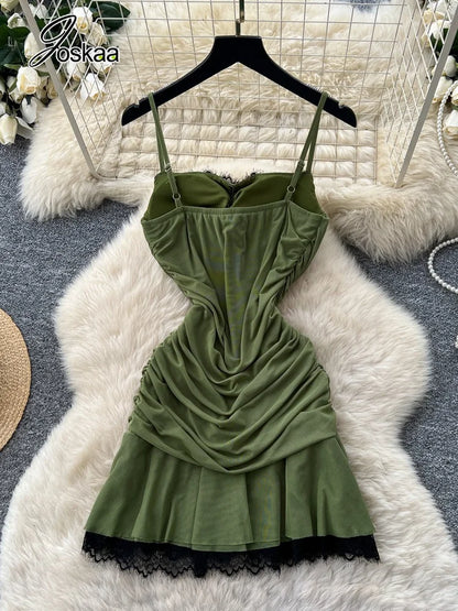 Women's Mesh Lace Ruched V-neck Mini Dress - Detail View