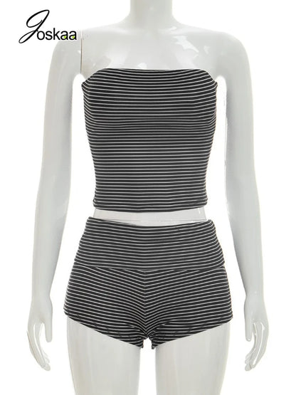 Women's Stripe Strapless Crop Two Piece Set Black – Back View