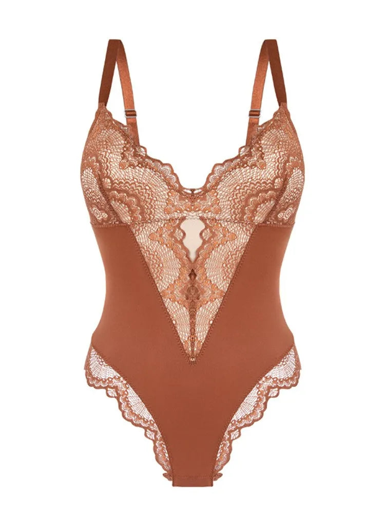 Women's Lace Patchwork Bodysuits V-neck Bodysuit