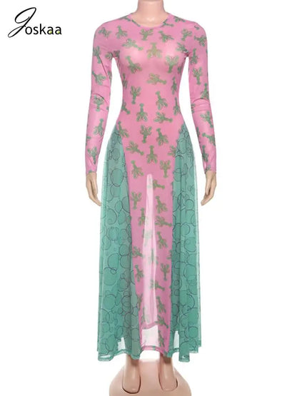 Women's Mesh Long Sleeve Fall Crayfish Maxi Dress Pink – Back View