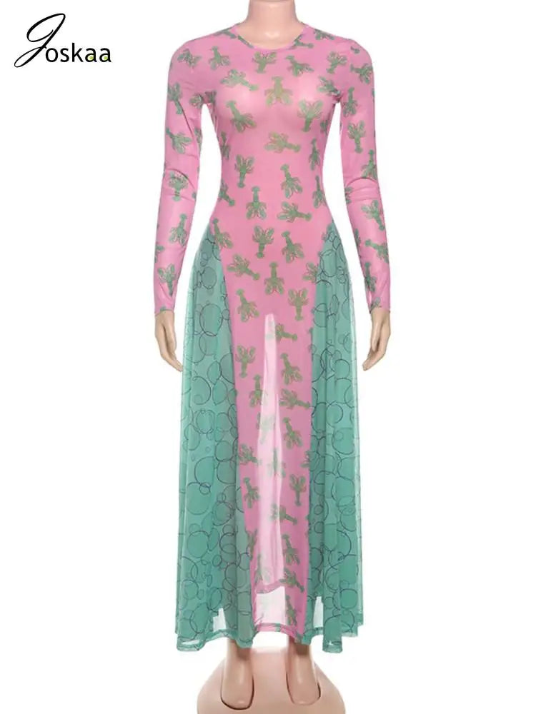 Women's Mesh Long Sleeve Fall Crayfish Maxi Dress Pink – Back View