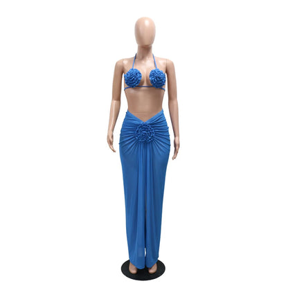 Women's Floral Print Mesh Halter Bikini Set