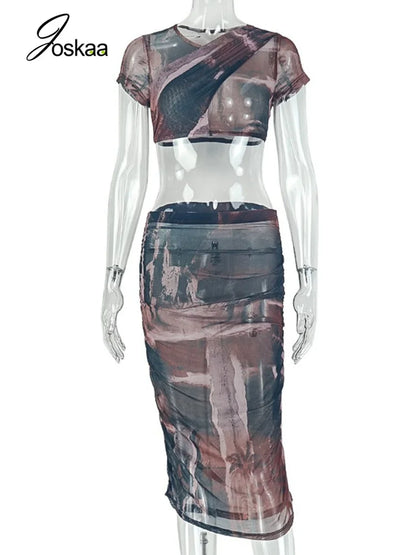 Women's Mesh Ruched Short Sleeve Two Piece Set Mixed – Back View