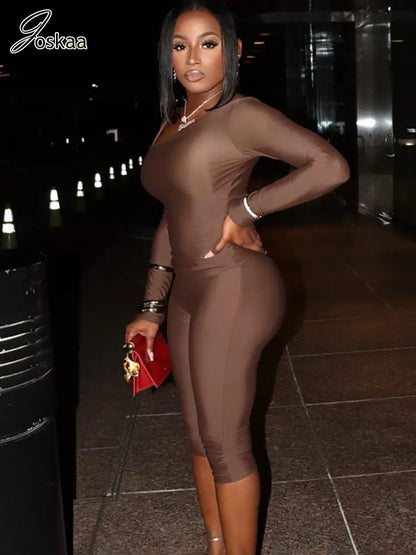 Wholesale Women's Long Sleeve Crop Two Piece Set Brown – Front View