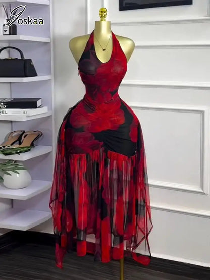 Women's Mesh Ruched Backless Halter Maxi Dress Red – Side View