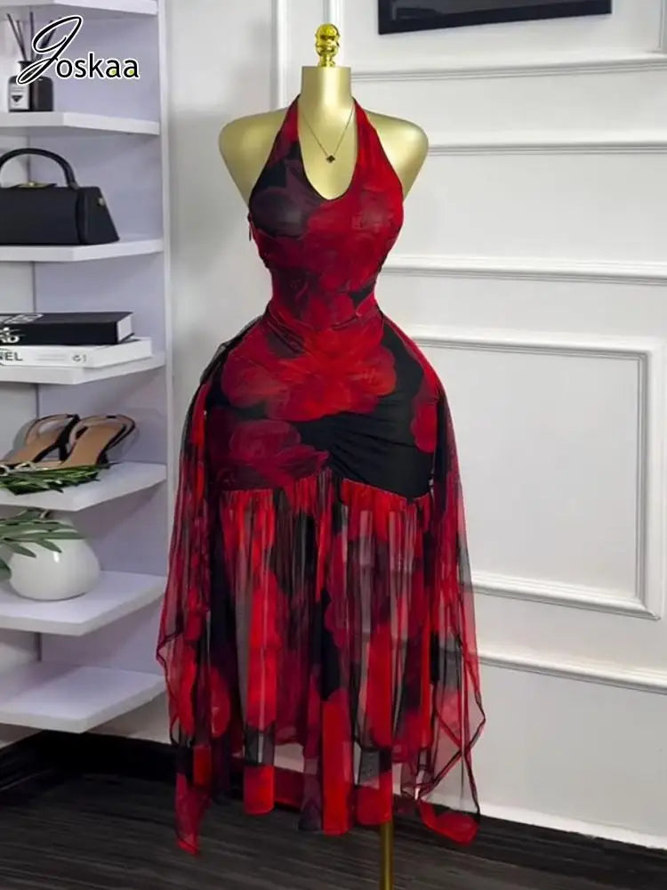 Women's Mesh Ruched Backless Halter Maxi Dress Red – Side View