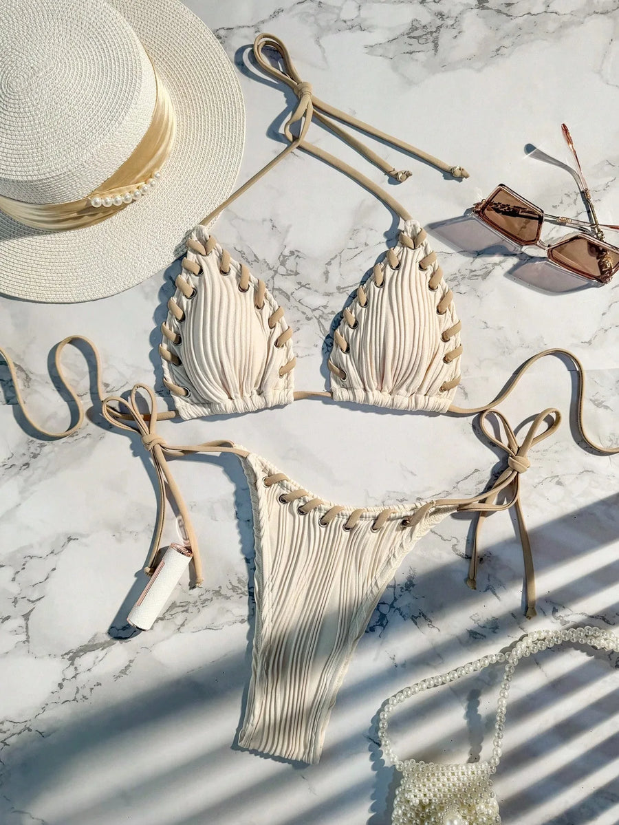 Women's Lace Halter Swimwear Piece Swimsuit Bikini Set