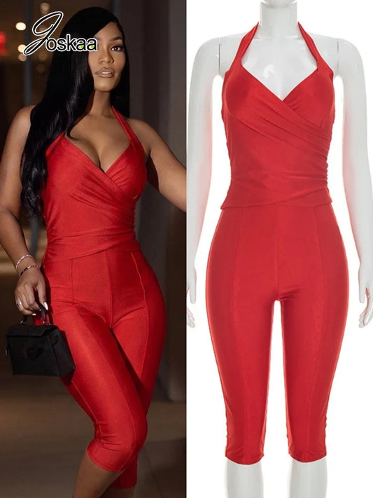 Women's Ruched Halter Crop Two Piece Set – Women's Fashion Wholesale – Front View