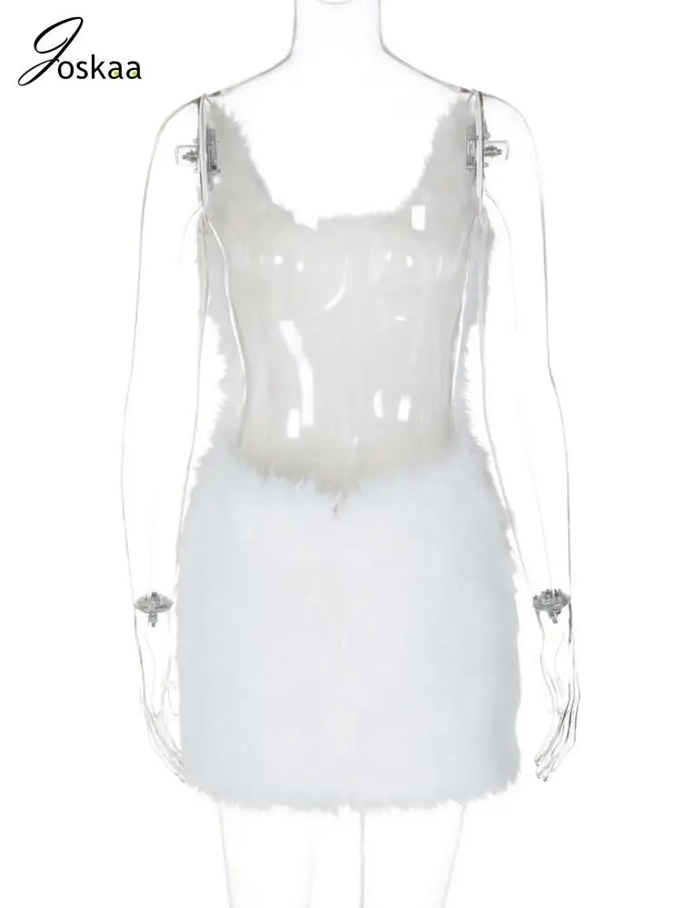 Women's Backless Furry White Spaghetti Mini Dress White – Detail View