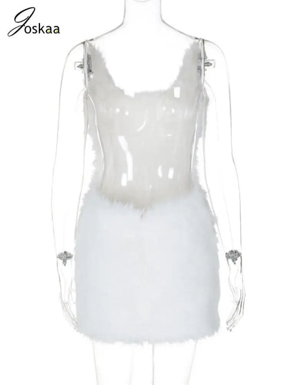 Women's Backless Furry White Spaghetti Mini Dress White – Detail View