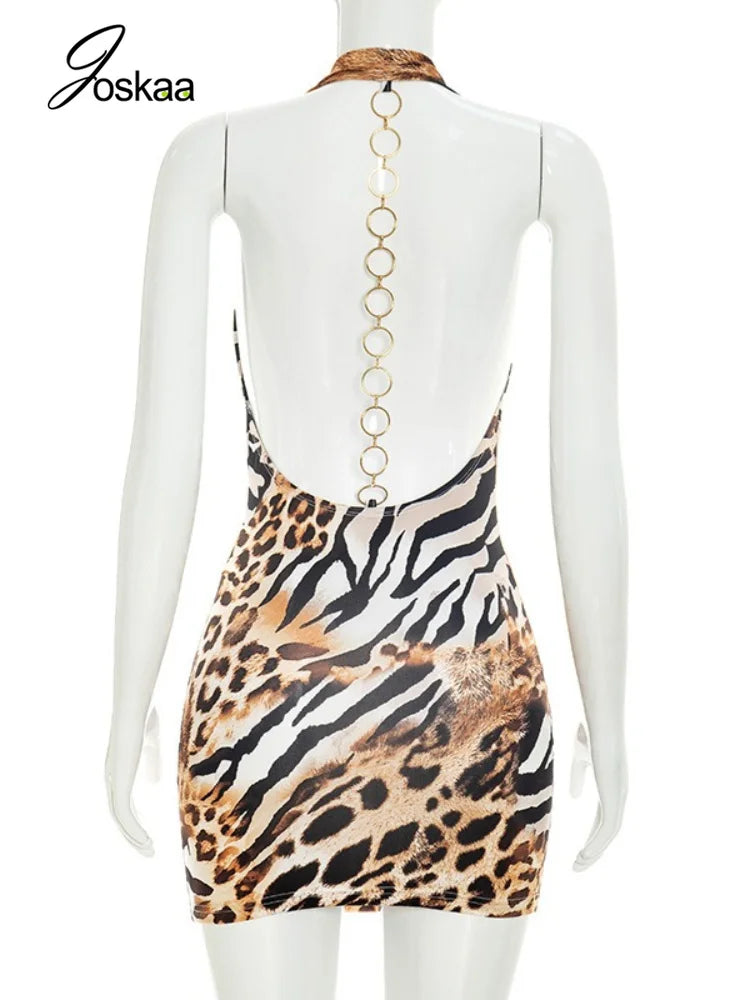 Women's Leopard Print Backless Halter Mini Dress Brown – Detail View