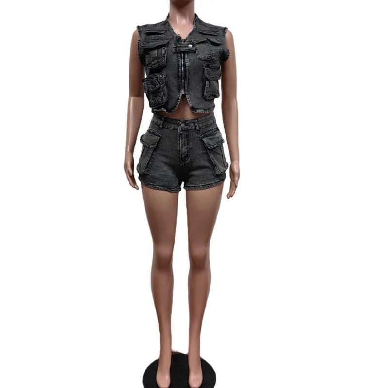 Women's Denim Crop Stretch Pockets Vest Two Piece Set