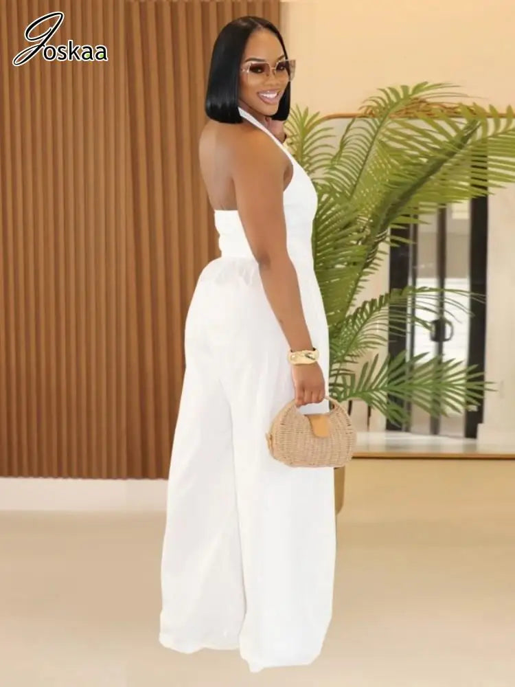 Women's Backless Halter Flare Wide Leg Romper White – Front View