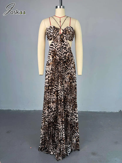 Women's Leopard Print Backless Maxi Dress Leopard – Front View