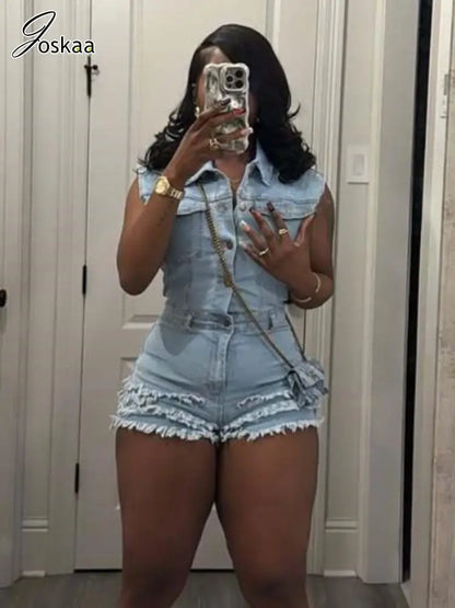 Wholesale Women's Denim Sleeveless Bodycon Romper Light Blue – Front View