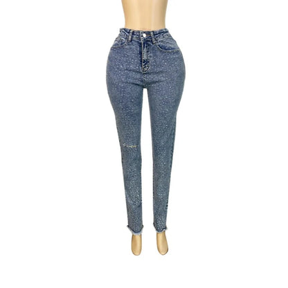 Wholesale Women's Rhinestone Denim Bodycon Pants