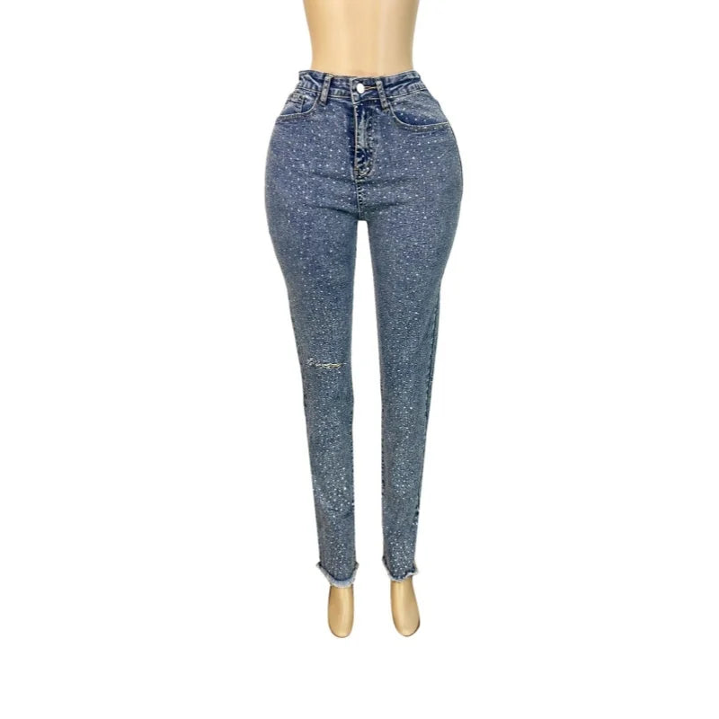 Wholesale Women's Rhinestone Denim Bodycon Pants