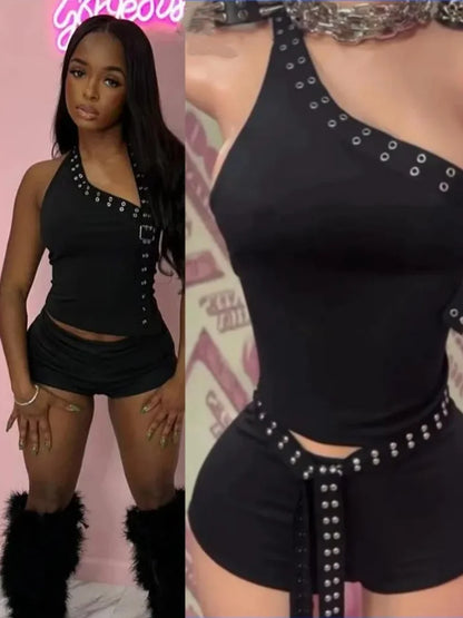 Women's One Shoulder Crop Black Two Piece Set – Women's Fashion Wholesale – Front View