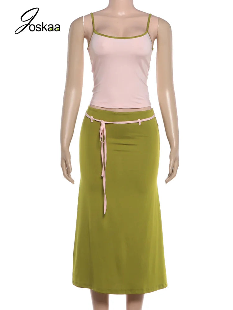 Women's Lace Backless Color Blocking Low-neck Two Piece Set Green – Back View