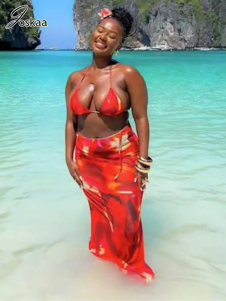 Women's Halter Maxi Two Piece Aesthetic Bikini Set Flower Color 3Pcs – Side View