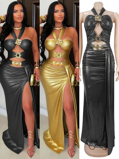 Women's Ruched Cutout Halter Bodycon Maxi Dress - Detail View 7