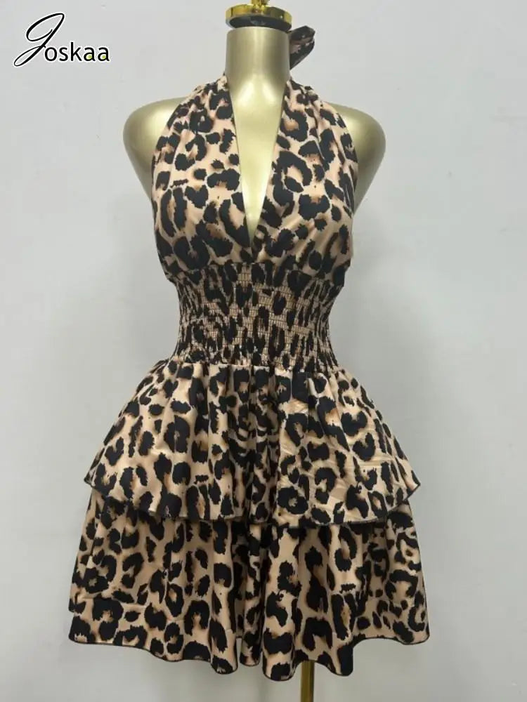 Women's Leopard Print Backless Halter Mini Dress Leopard Print – Side View