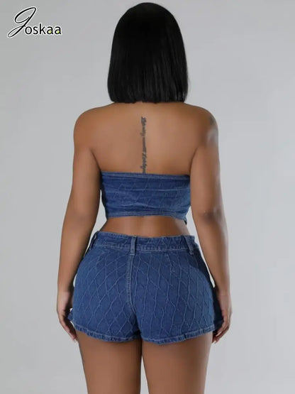 Women's Denim Halter Stretch Irregular Tank Two Piece Set Dark Blue – Back View