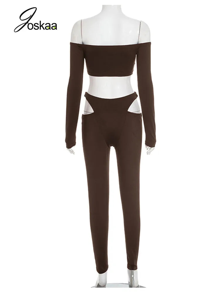 Women's Cutout Long Sleeve Crop Two Piece Set Blue – Detail View