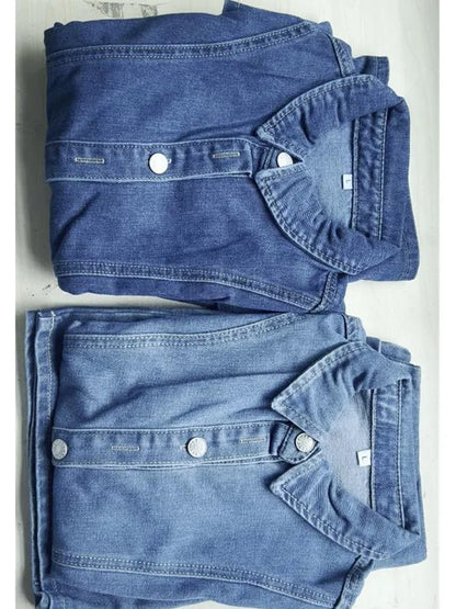 Women's Denim Short Sleeve High Waist Two Piece Set Dark Blue – Back View