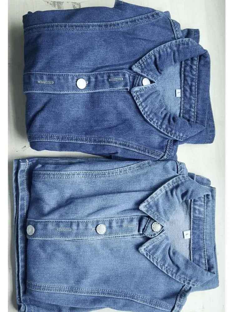 Women's Denim Short Sleeve High Waist Two Piece Set Dark Blue – Back View