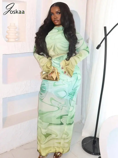 Women's Stripe Ruched Long Sleeve Maxi Dress Green – Front View