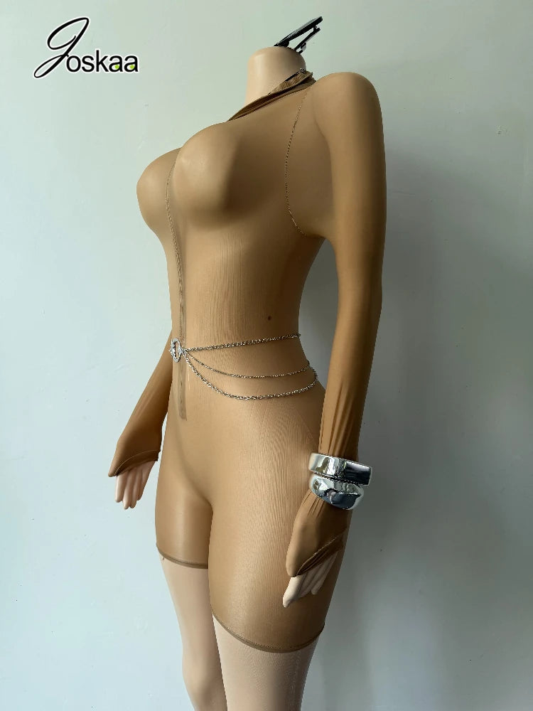 Wholesale Women's Mesh Zip Jumpsuit Oil Romper Gray – Back View