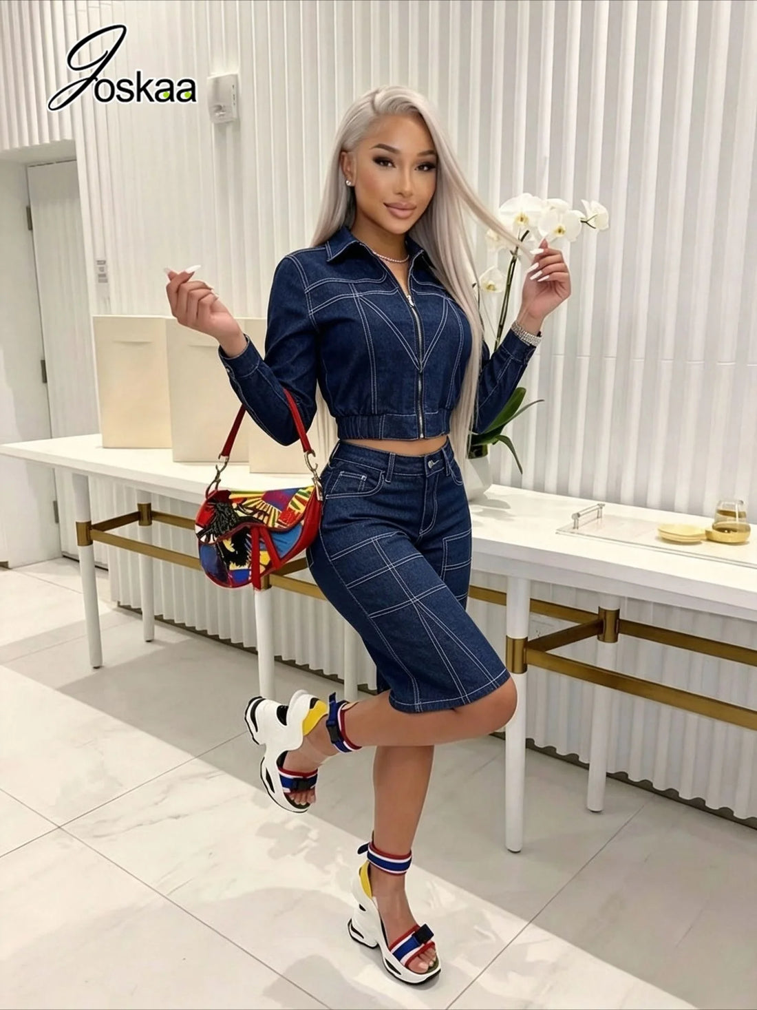 Women's Denim Print Zip Up Long Sleeve Two Piece Set - Front View