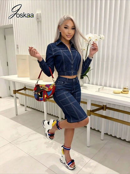 Women's Denim Print Zip Up Long Sleeve Two Piece Set - Front View