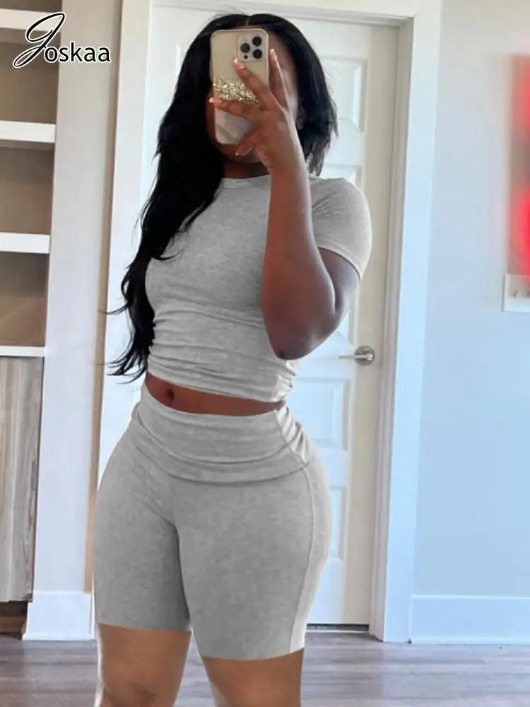 Women's Ruched Short Sleeve Crop Two Piece Set – Women's Fashion Wholesale – Front View