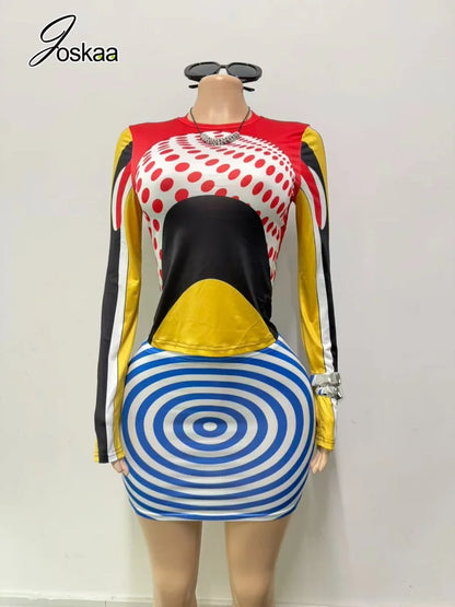 Women's Polka Dot Striped Swirl Print Long Sleeve Two Piece Set - Front View