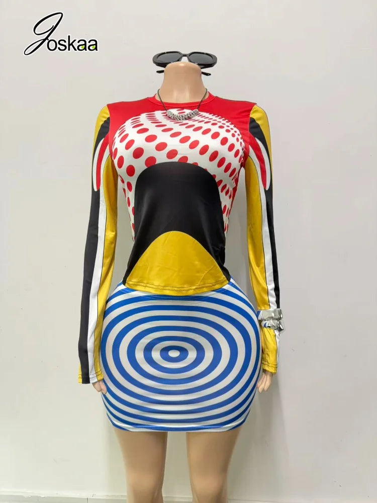 Women's Polka Dot Striped Swirl Print Long Sleeve Two Piece Set - Front View